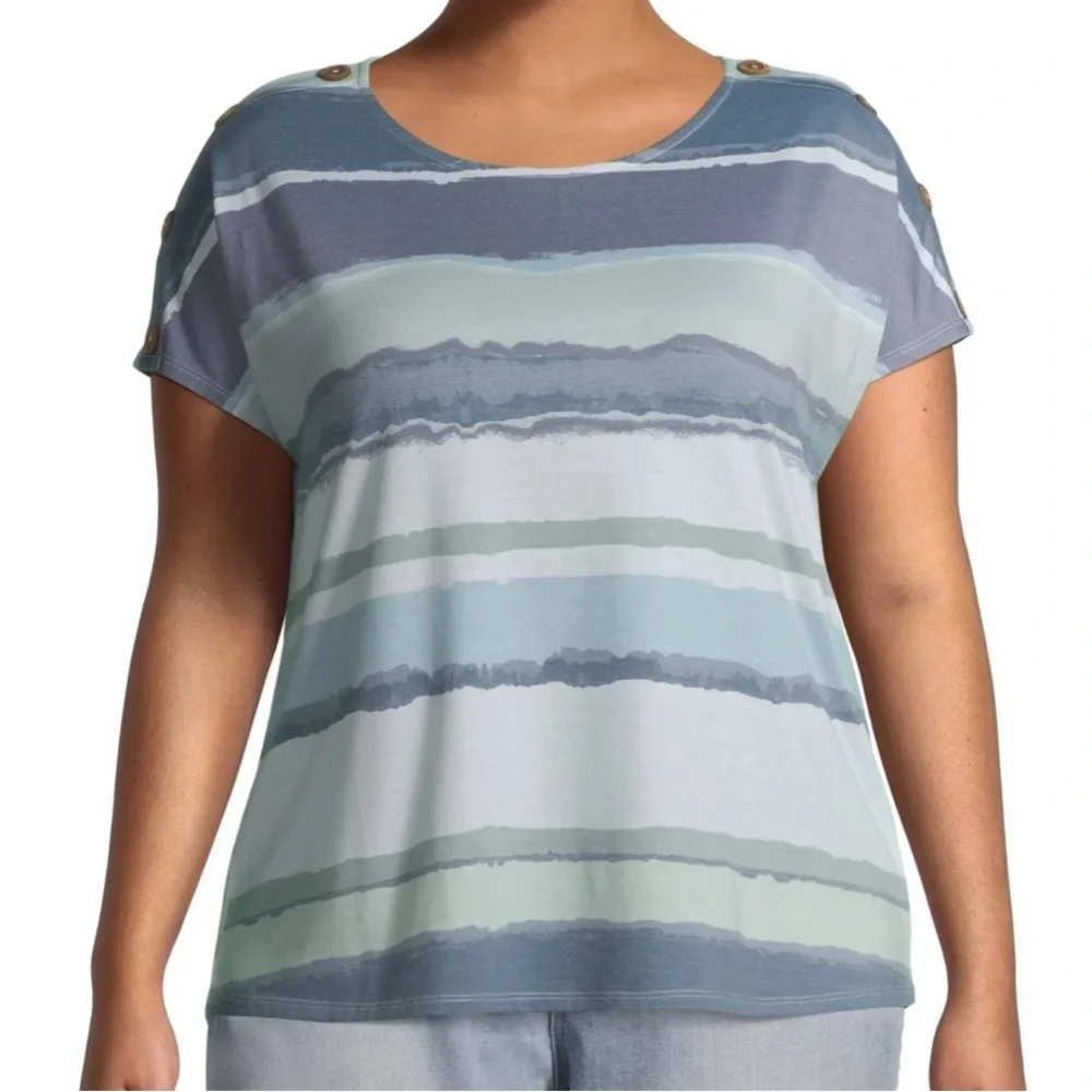 Tru Self Abstract Stripe Dolman T-Shirt with Button Shoulder Women’s Size S